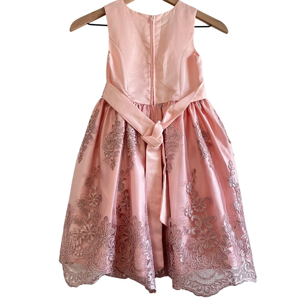 Tahari Girls Size 7 Dusty Pink Party Dress Embroidered Floral Lace Rhinestone